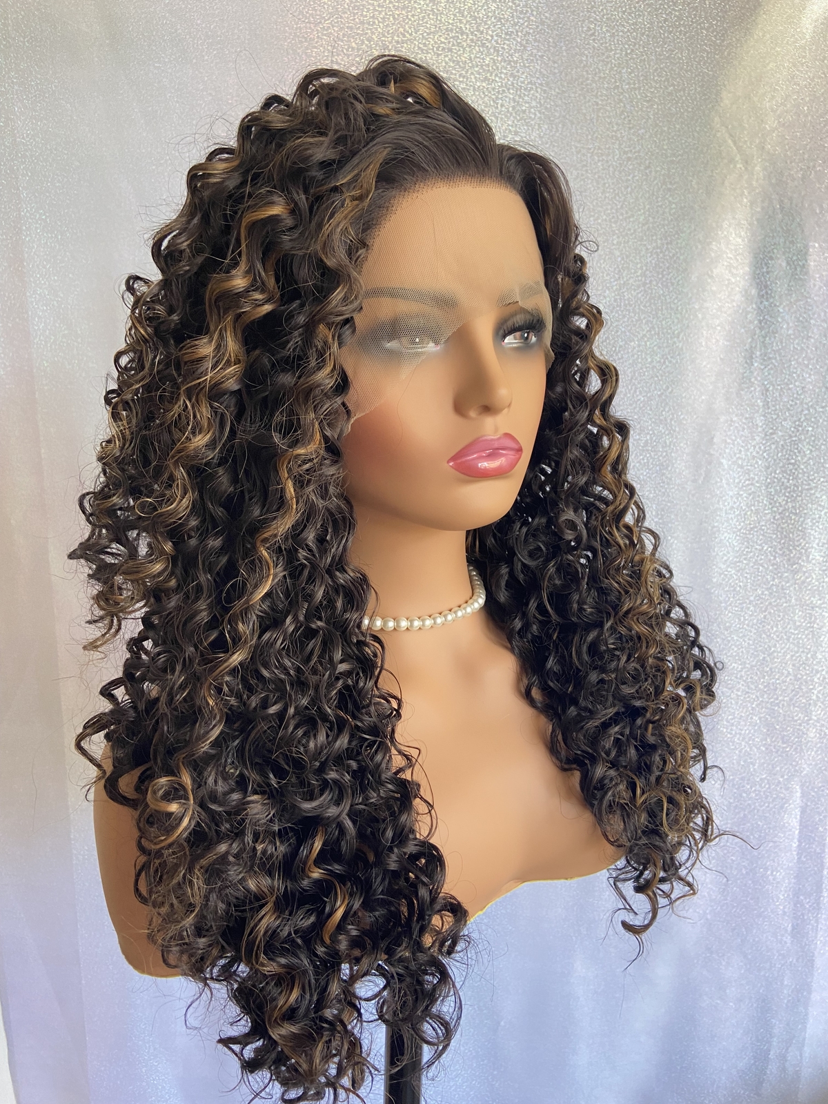 Human Hair Blend Lace Front Wigs Long Tight Curly Heat OK #4/27 Highlight Brown