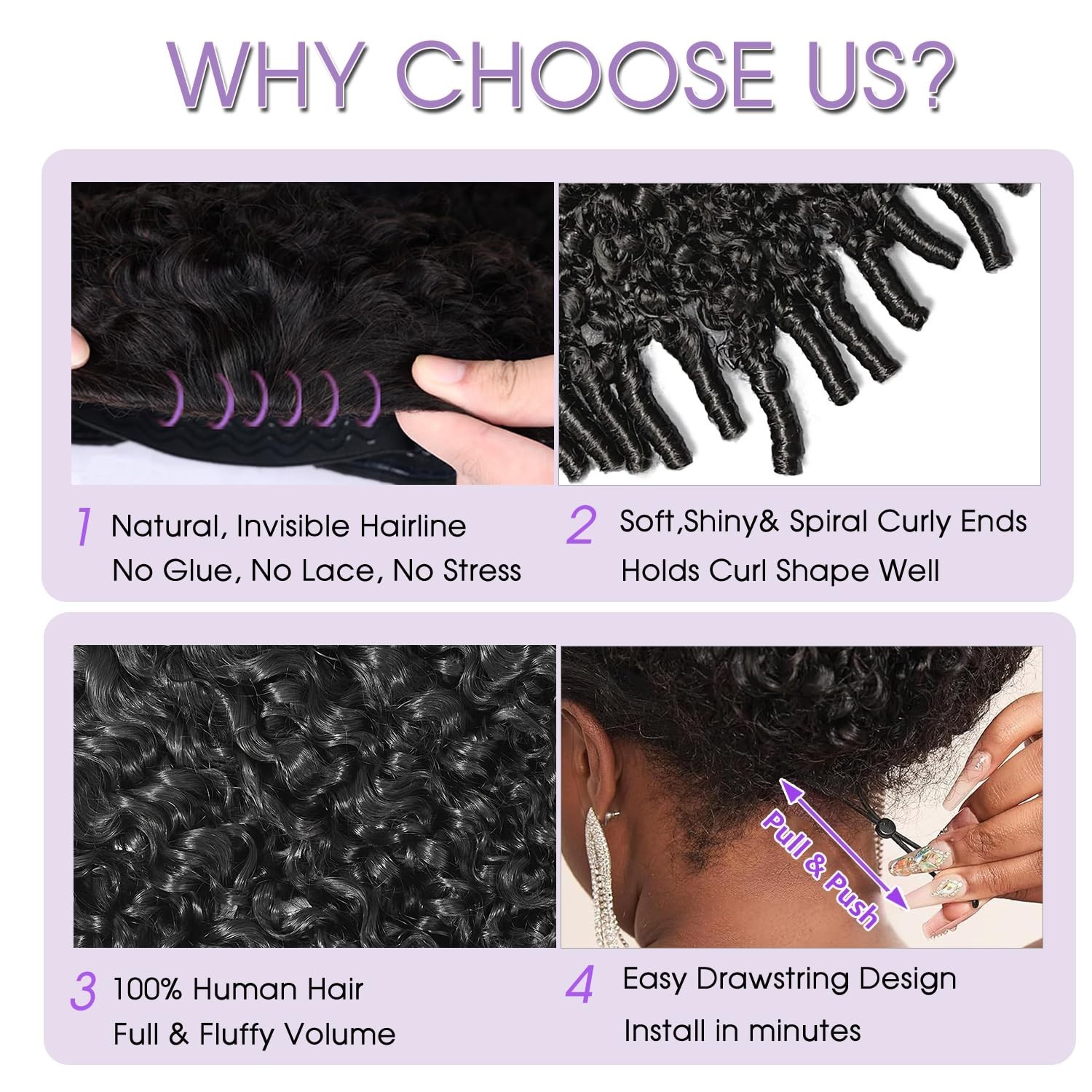220% Density 20″ Curly Half Wigs – 100% Human Hair, Clip-In & Drawstring, Easy W