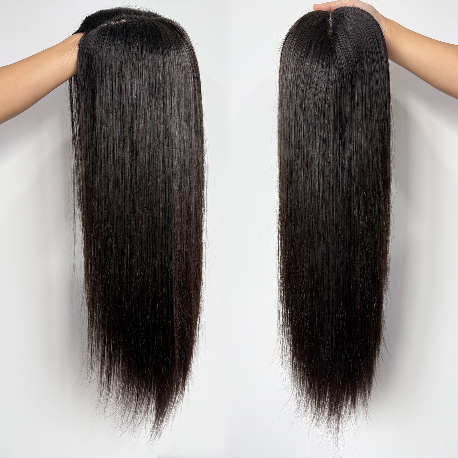 Black Silk Top Real Human Hair With PU Around Elastic Net Straight Medical Wig