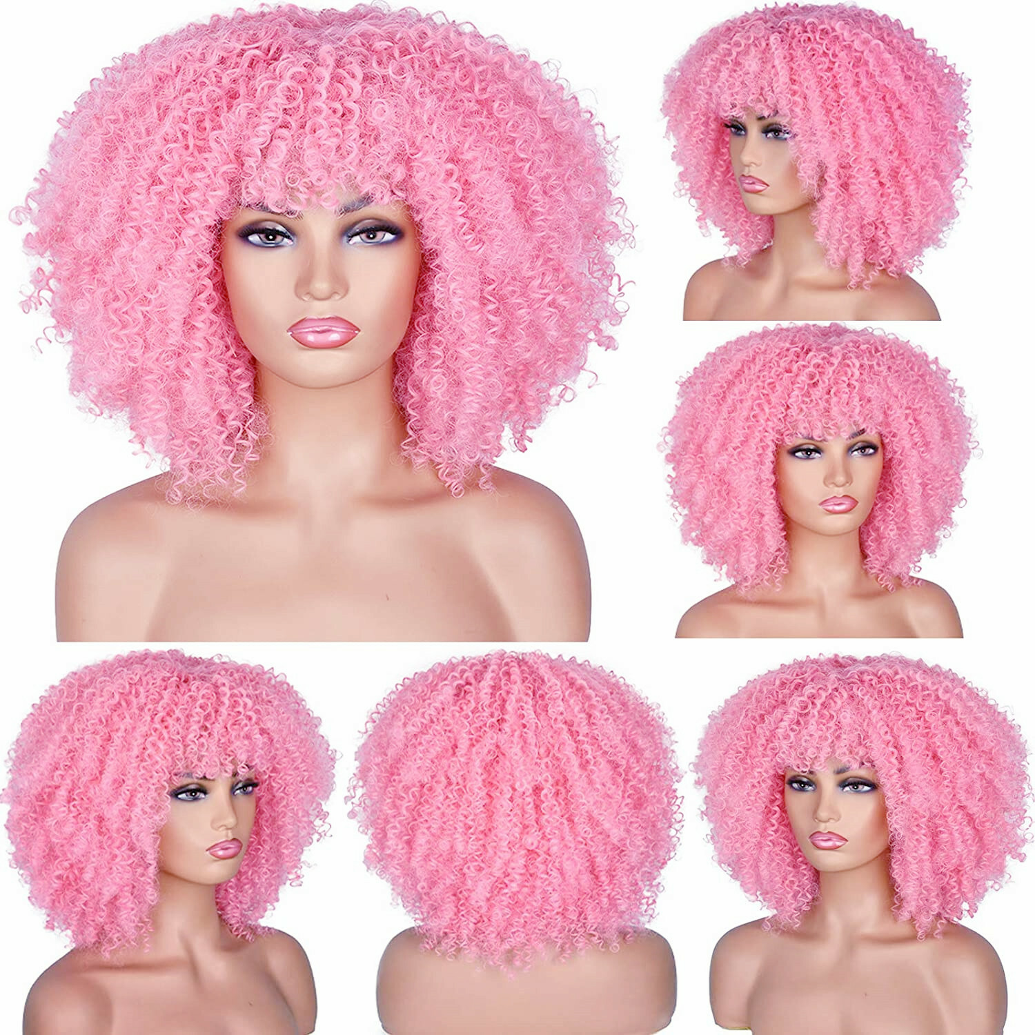 Short Hair Afro Kinky Curly Wig With Bangs For Black Women Synthetic Pink Curly