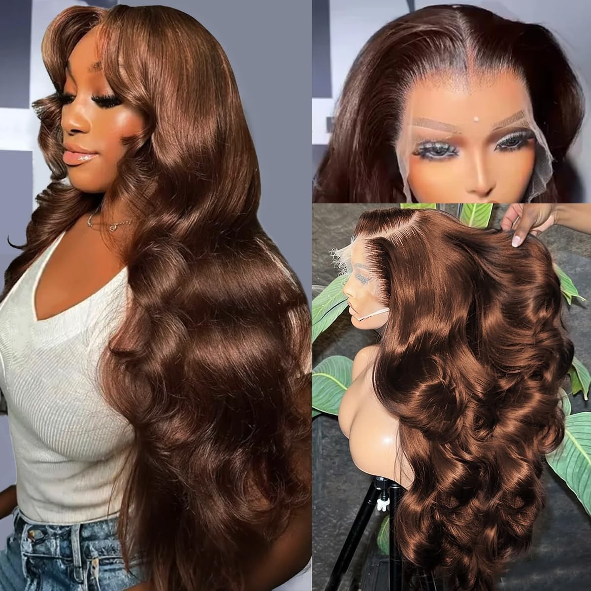 30″ Chocolate Brown Body Wave HD Lace Front Wig, 200 Density, Pre-Plucked, Dark