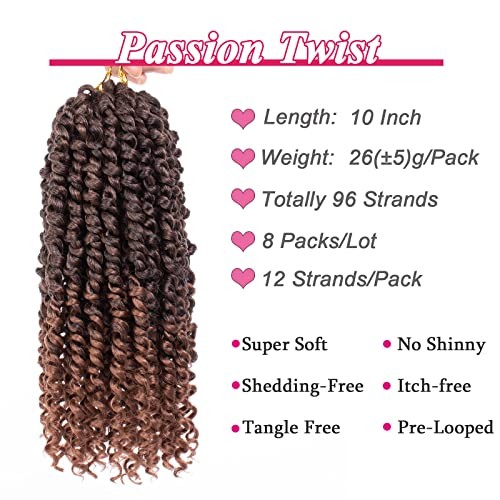8 Packs Ombre Brown Passion Twist Hair 10 Inch Pre 10 Inch (Pack of 8) T30#