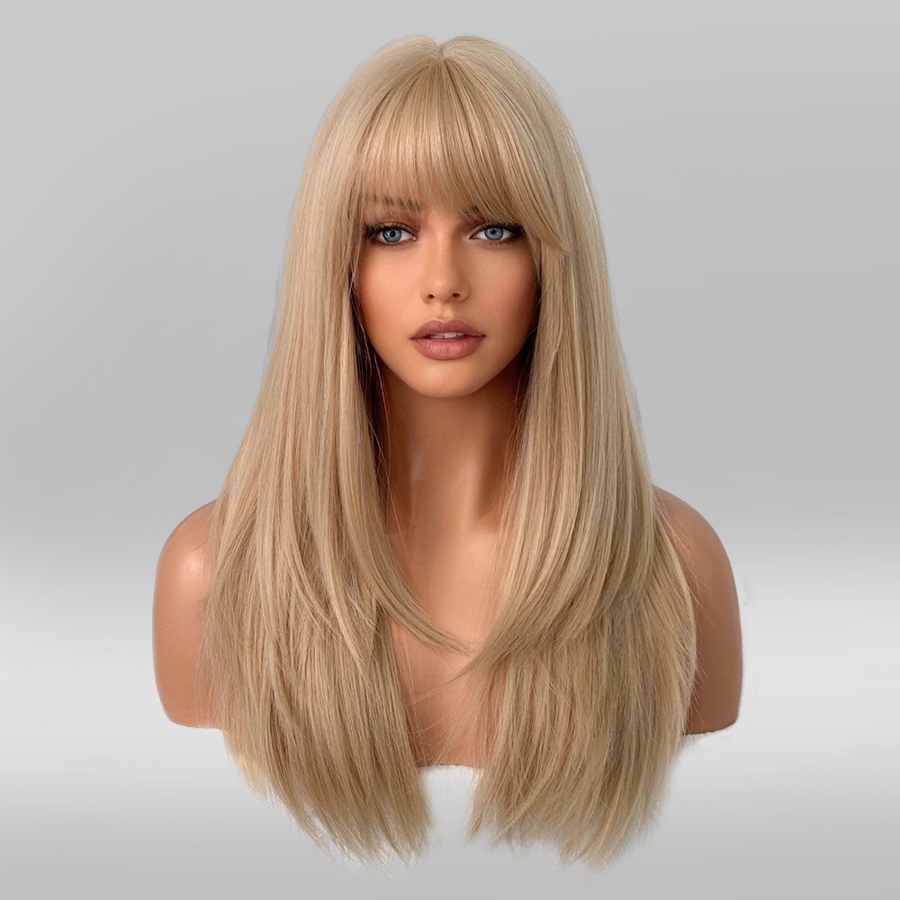 Ash Blonde Heat Resistant Hair Long Straight Dress Up Wig With Bangs