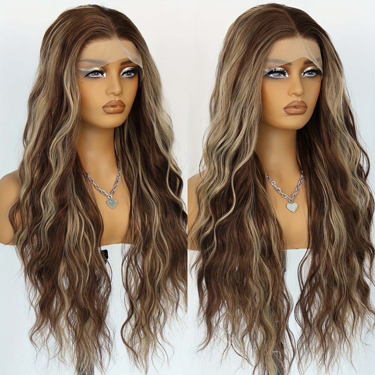 Glueless Long Curly Wave Lace Front Wigs Brown Hair Blonde Highlights Ombre Wig