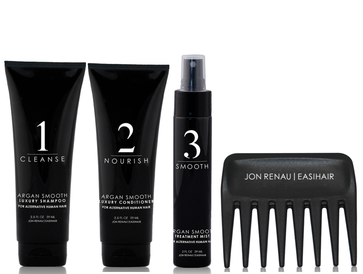 Jon Renau 3PC:Travel Size Argan Smooth Shampoo, Conditioner, Treatment Mist,Comb