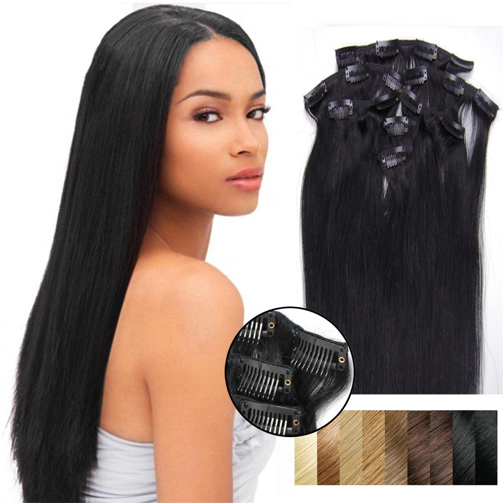 Full Head Clip In Hair Extensions Brazilian Real Human Hair Double Weft Thick