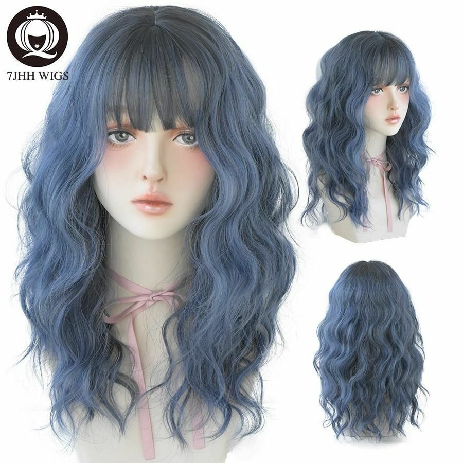 7JHH WIGS Blue Deep Wave Wig With Bangs For Women Long Omber Brown Hair Layered