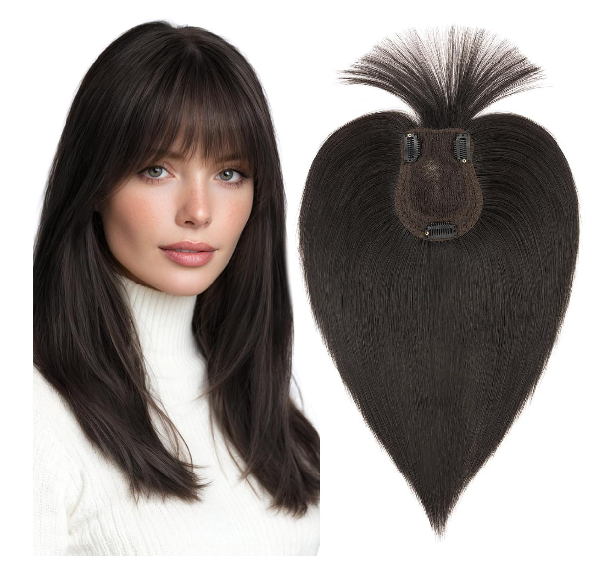MY-LADY Human Hair Toppers for Women Real Human Hair with Bangs Thin 9 * 12CM L