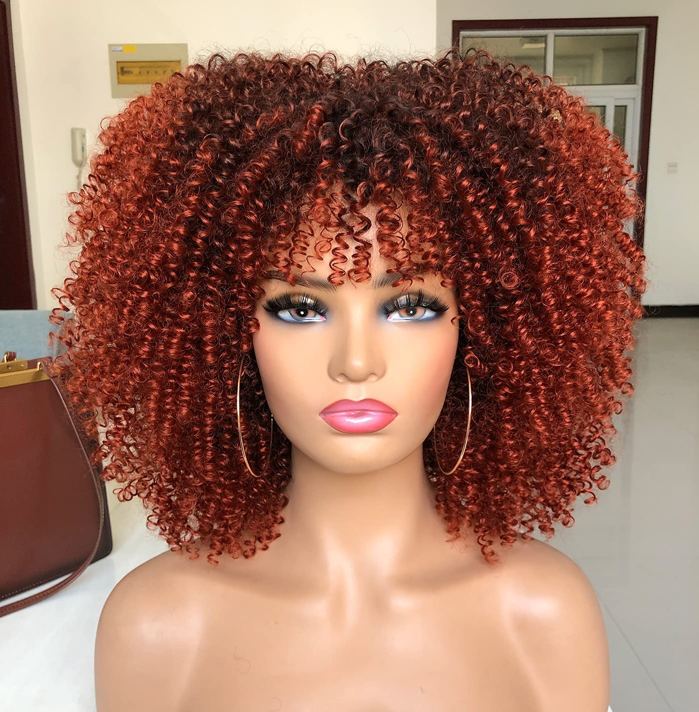 Ombre Brown Curly Wigs for Black Women 14 Inch Short Afro Curly Wig with Bangs G