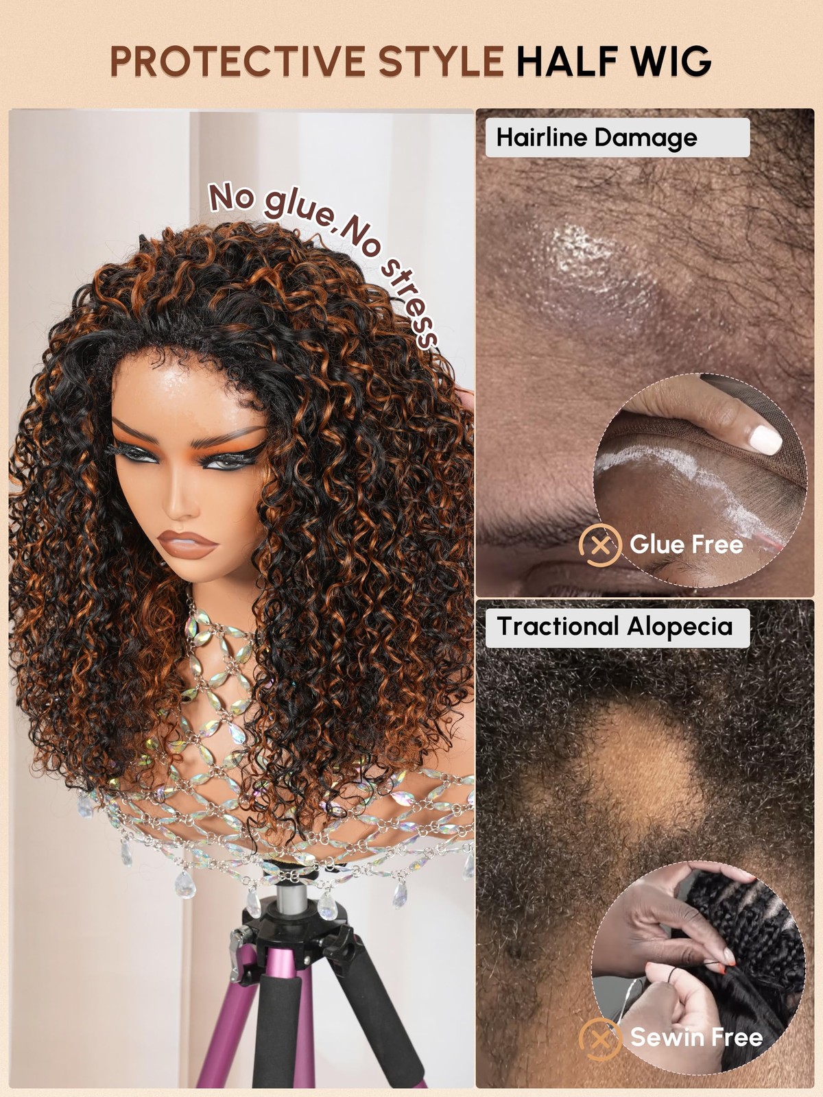 Shangyinfa Balayage 1B/30 Water Wave Half Wig Human Hair Flip Over Drawstring