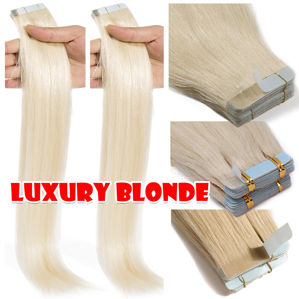 60PCS/150G Thick Tape In Remy Human Hair Extensions Full Head Skin Weft BLONDE S