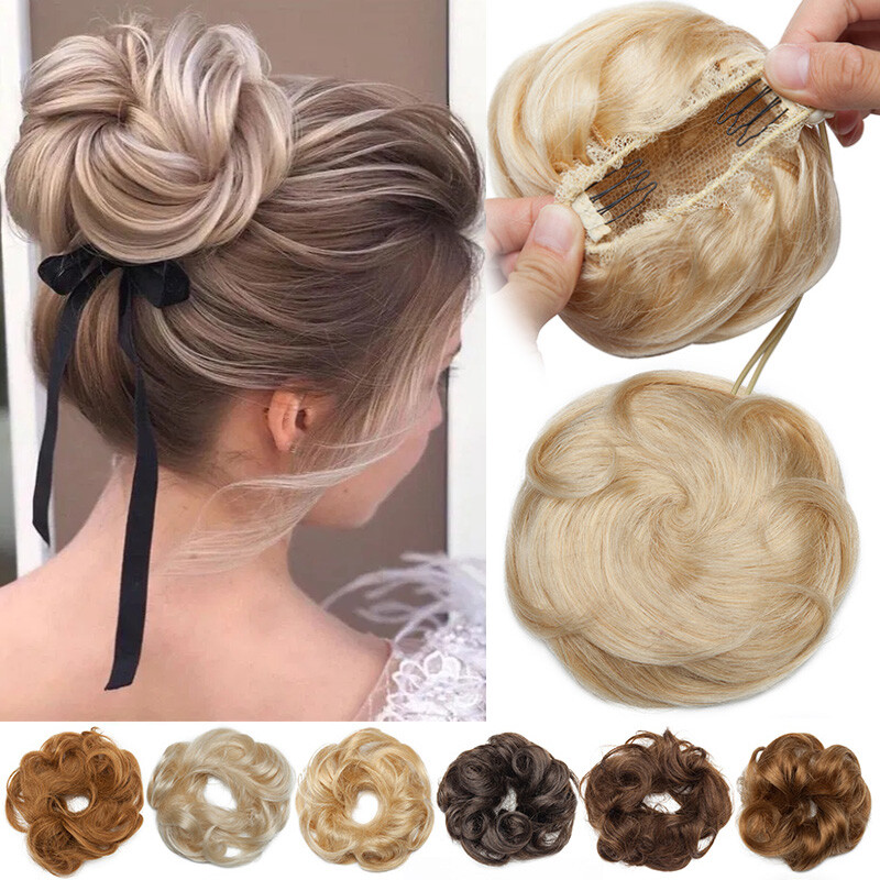 100% Real Human Hair Piece Clip In Wrap On Around Chignon Messy Bun Elastic Band