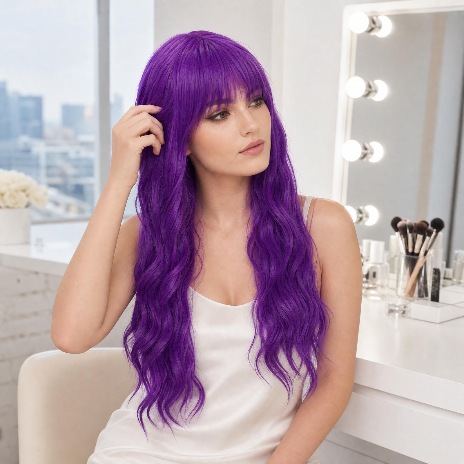 Womens Long Curly Wavy Wig Purple Wigs with Bangs Synthetic Full Wigs for Dai…