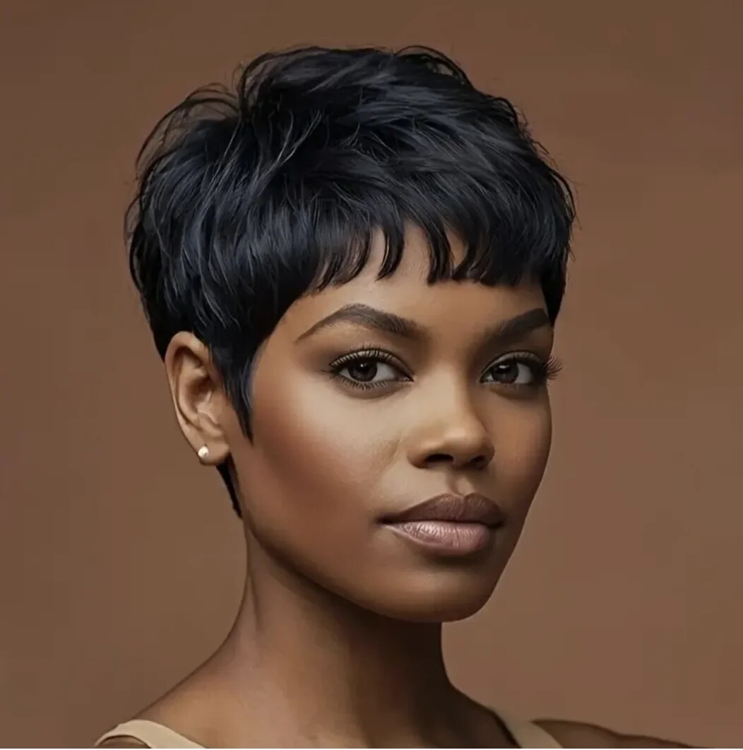 Black Short Pixie Cut Wave Wigs Black Short Human Hair Wig for Women Daily