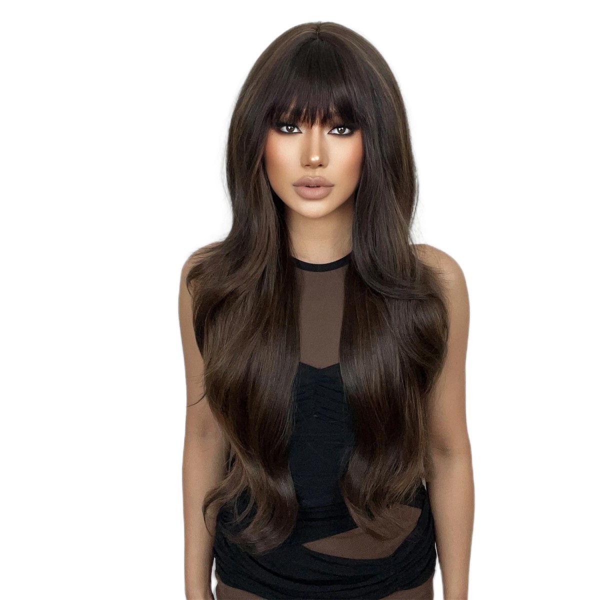 Mixed Brown Heat Resistant Synthetic Hair Cosplay Wigs With Fringe Long Wavy