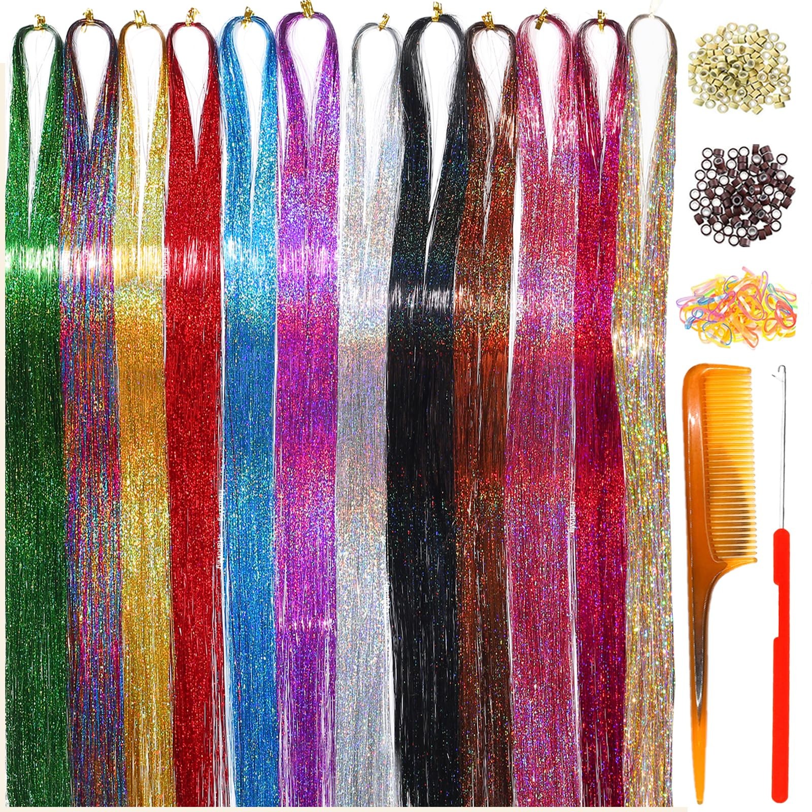 Hair Tinsel Tools Kit,Fairy Hair Strands for Women 12 Colors+Tools, 47 Inches