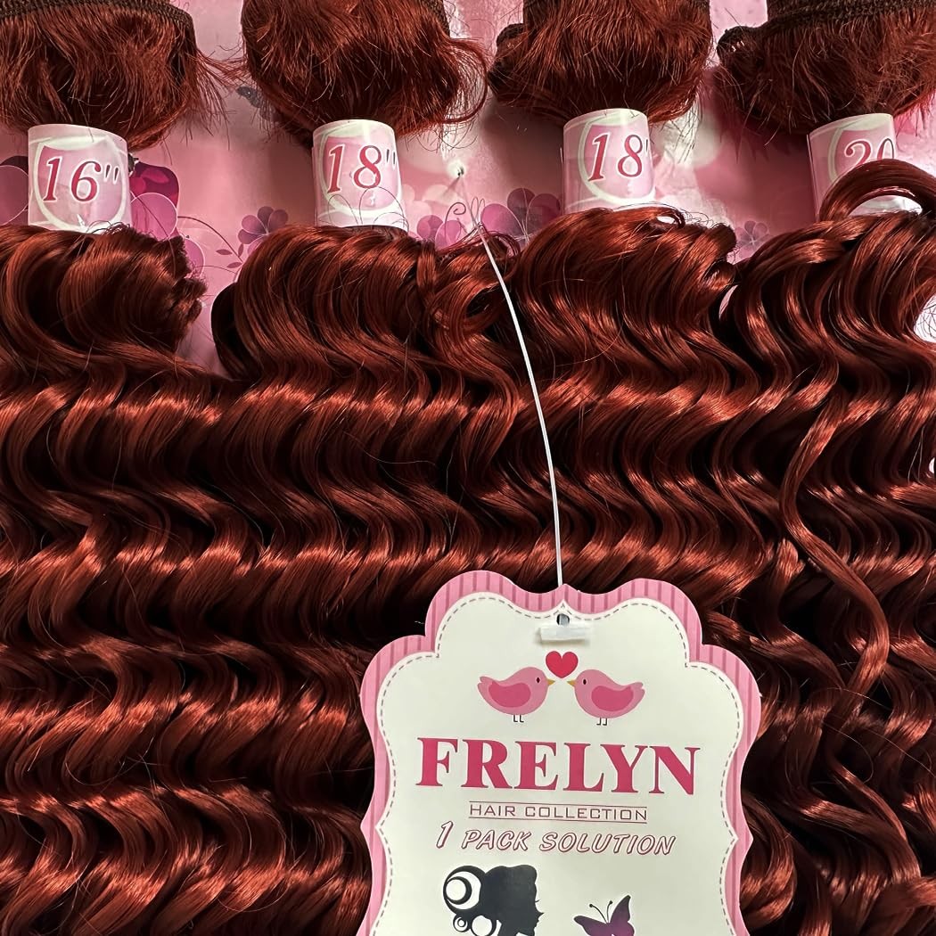 Deep Wave Synthetic Hair Bundles 16 18 18 20 Inch 4PCS Curly Reddish Brown