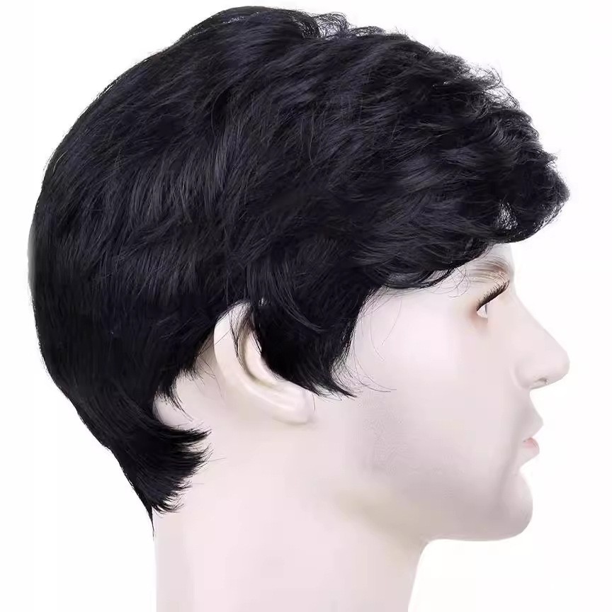 Side Parted Short Black Synthetic Men Wig Elastic Cap Full Wig for Daily Use