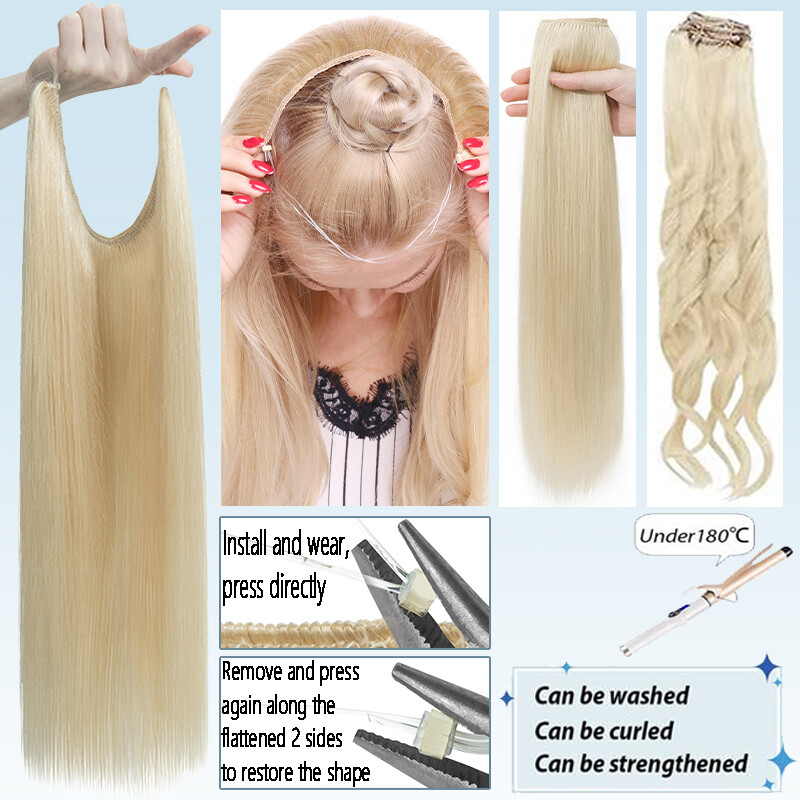 Invisible Ring Clip in Wire Fish Line Weft Remy Human Hair Extensions Hairpiece