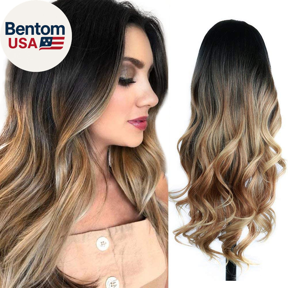 Ombre Wigs Black to Light Brown Side Part Long Wavy Wig Heat Resistant Synthetic