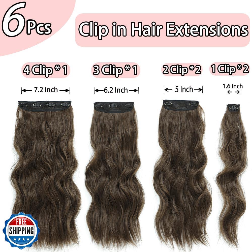 Clip in Hair Extensions for Women, 6PCS Clip Ins Long Wavy Curly Dark Brown H