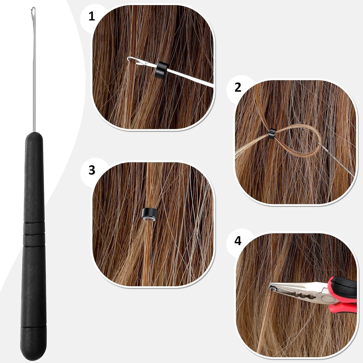 Hair Extension Tools Kit, 600 Silicone Lined Micro Rings, 1 Plier, 2 Hook Nee…