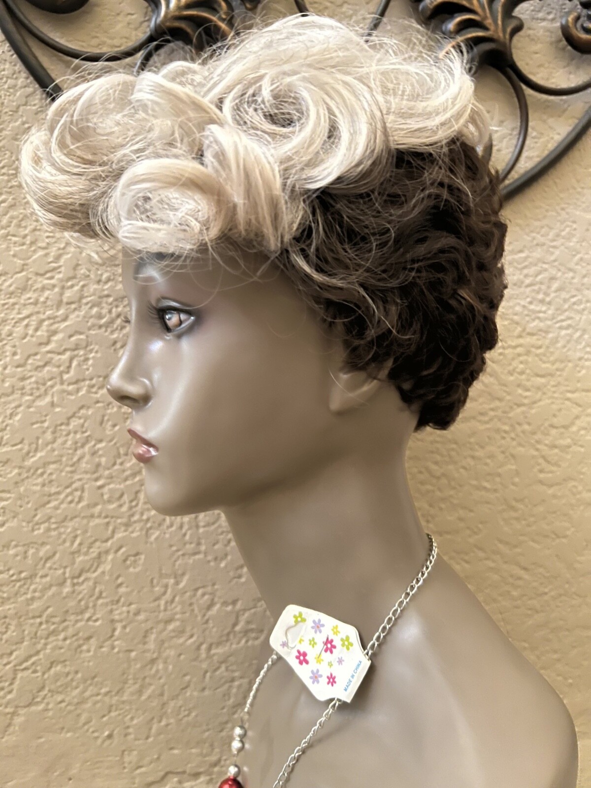 Short Pixie Black & Blonde Synthetic Sirukou Curls Wig.