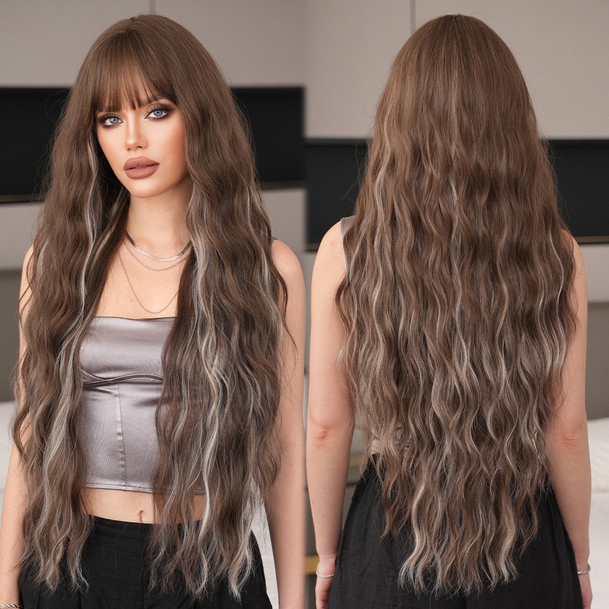 36in Extra Long Highlighted Wavy Wig with Bangs Heat Resistant Synthetic Cosplay