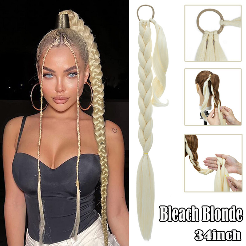 Long Braided Ponytail Extension with Hair Tie Wrap Around Hair 34inch Straight