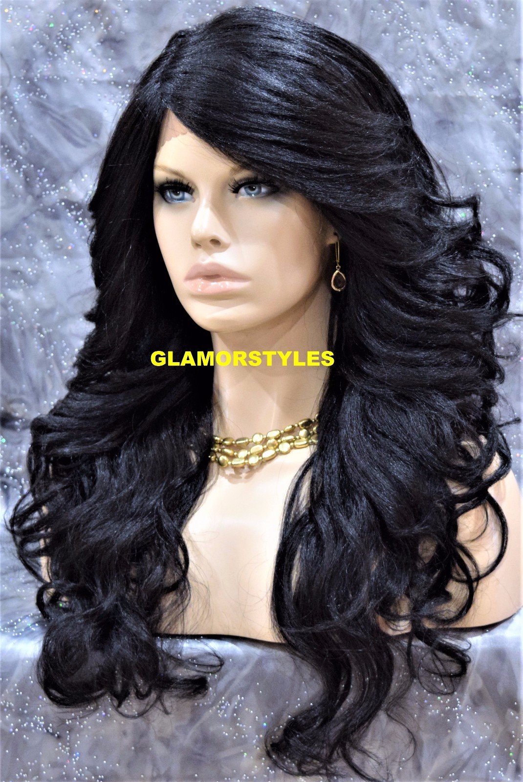 LACE FRONT FULL WIG LONG WAVY LAYERED SIDE PART JET BLACK #1 HEAT OK NWT