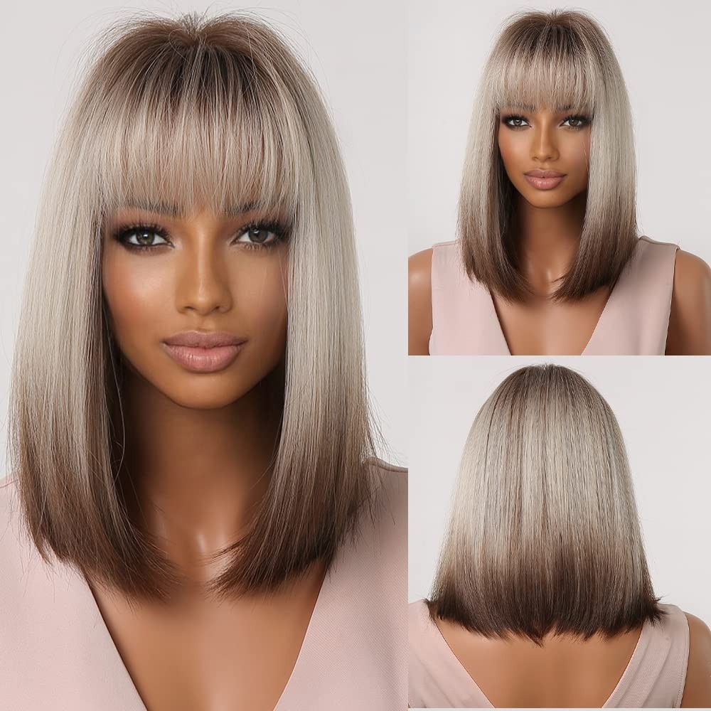 12″ Brown Grey Highlight Straight Wig for Women Daily Wear 78E666554