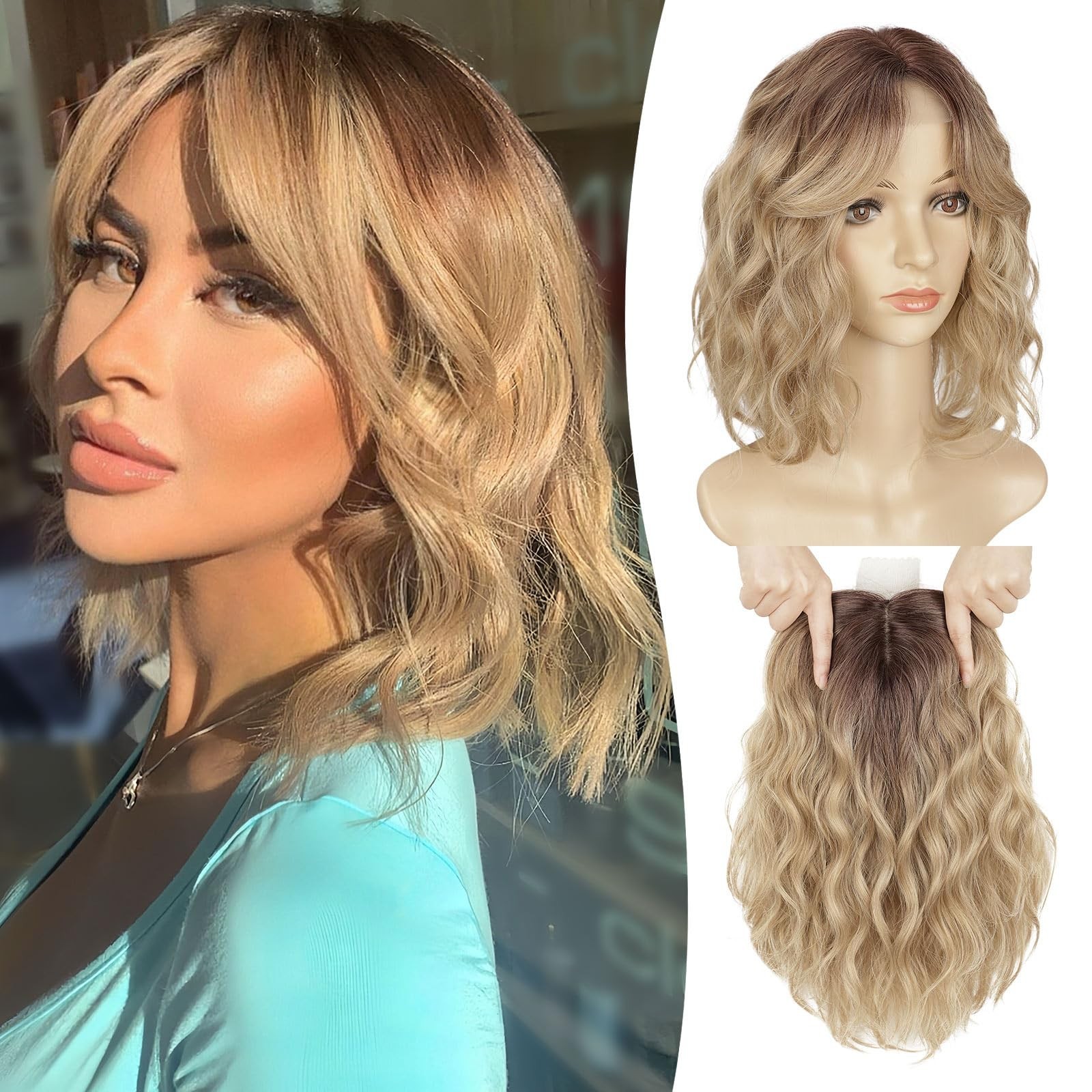 Ombre Brown Blonde w/ Dark Roots 12in Women Premium Hair Topper