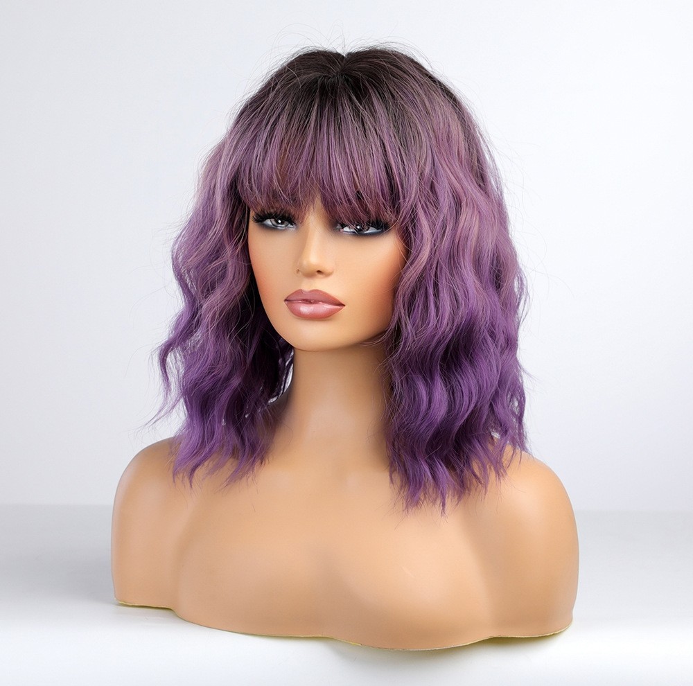 Ombre Purple Wig with Bangs Purple Bob Wavy Wig Synthetic Wigs for Women Party
