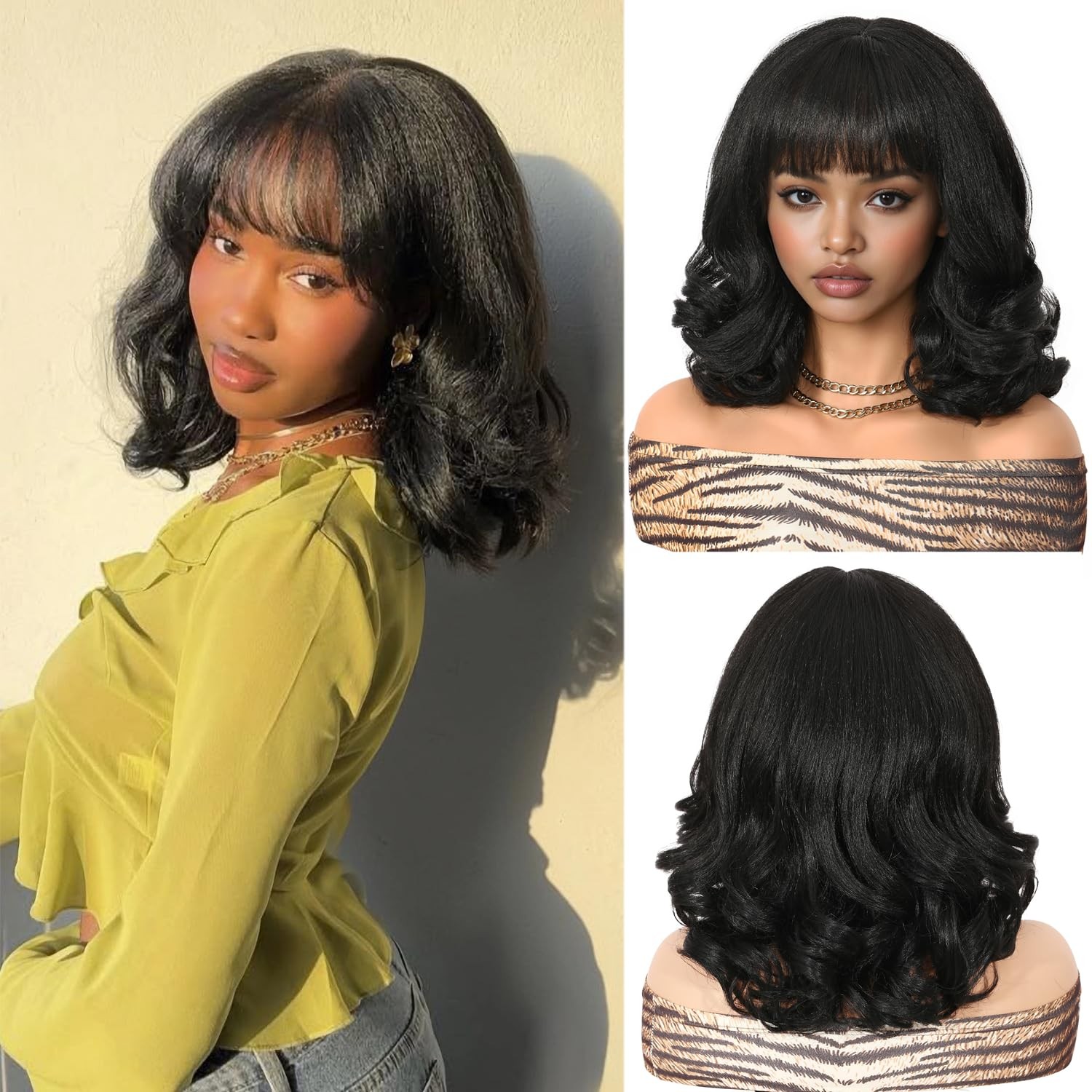Wiger Yaki Texture Wavy Wig Bangs For Women Short Shoulder Length Curly Bob