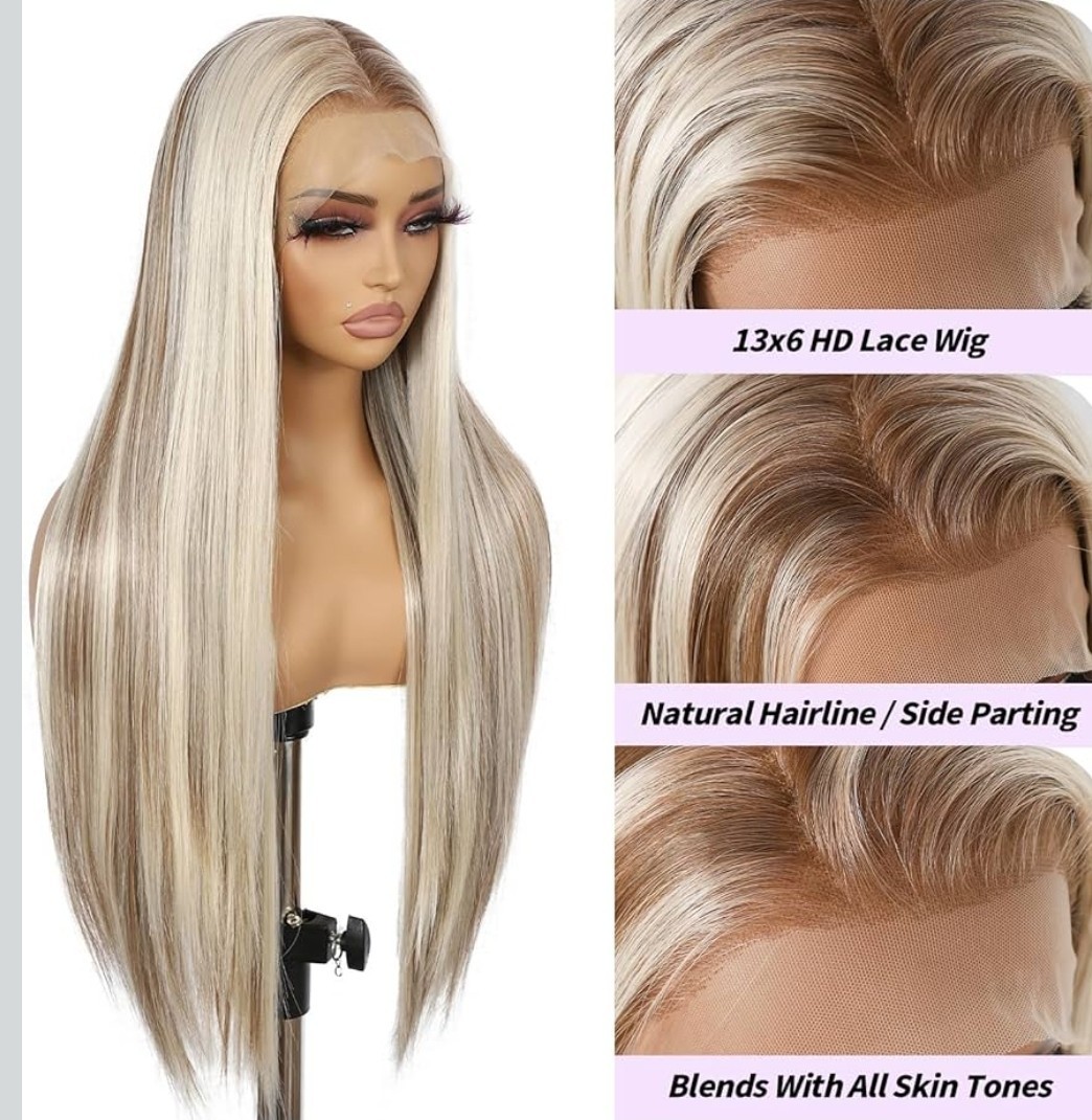 HD Front Lace Wig Human Hair Blend Highlights Long Straight Blonde