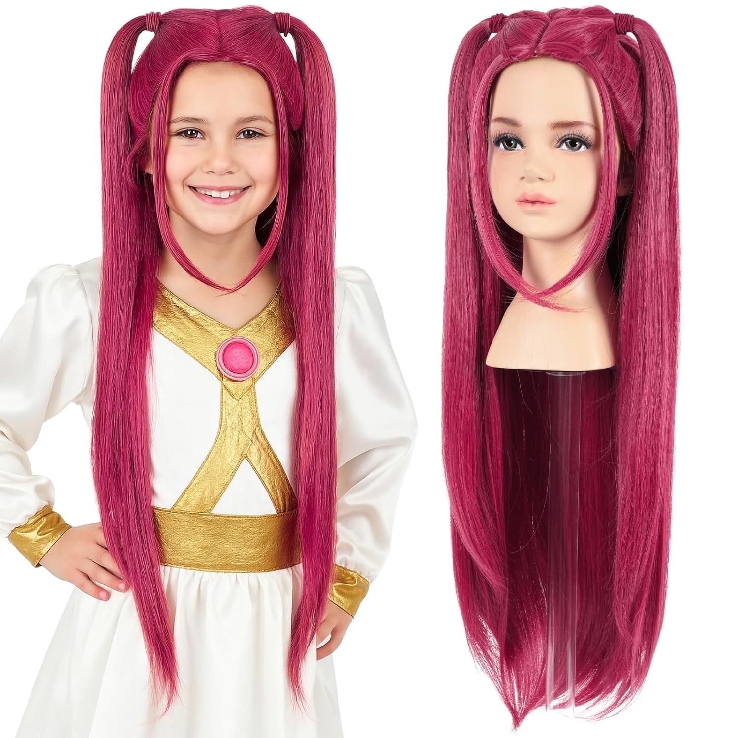 KPop Demon Hunter Mira Wig Kid Size Pink Long with 2 Ponytails Halloween Costume