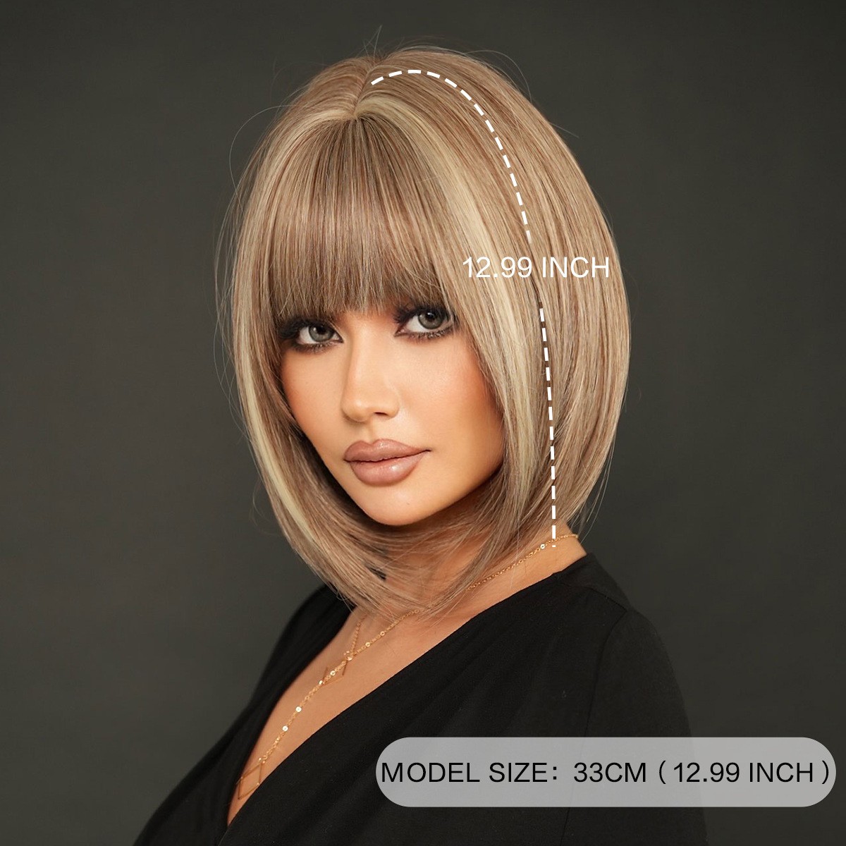 Brown Tea Short Straight Bob Wig with Full Bangs Highlight Beige Inverted Bob