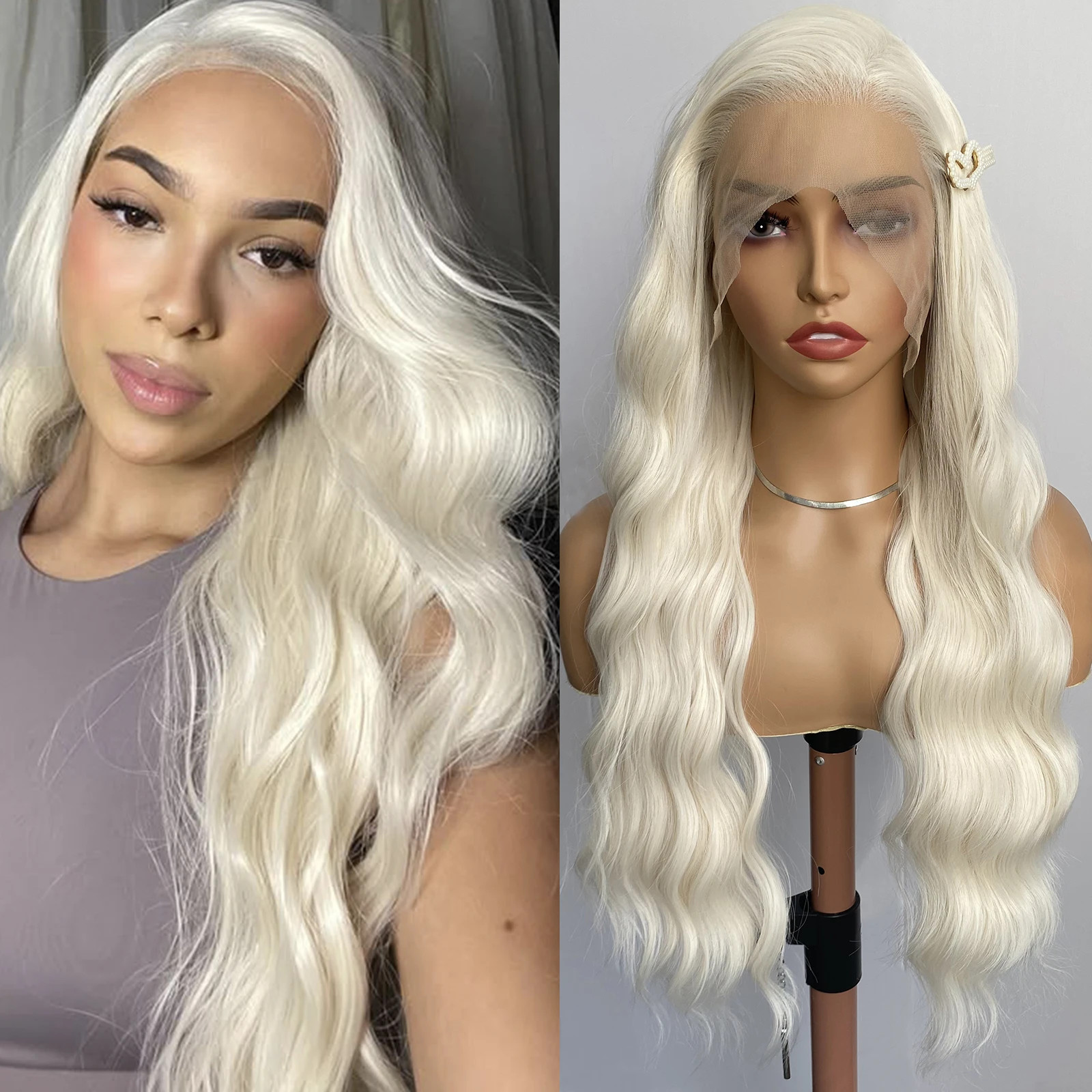 Platinum Blonde Long Body Wave Synthetic Lace Front Wigs Daily Use Cosplay Party