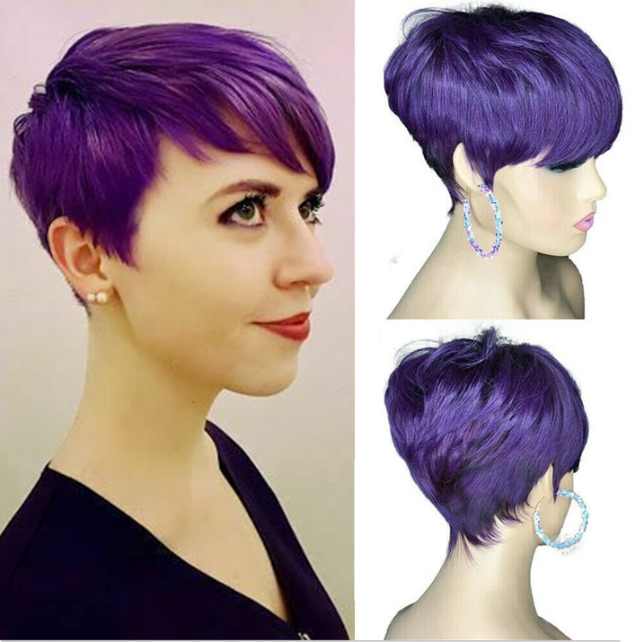 100% Human Hair Wigs Dark Purple Pixie Cut Wigs for Fashion Women Daily Wear