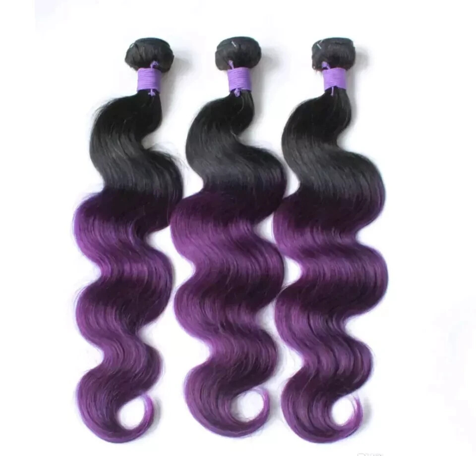 12A RAW PERUVIAN VIRGIN HUMAN HAIR 1B#/PURPLE ROOT OMBRE BODY WAVES 24+24+24INCH