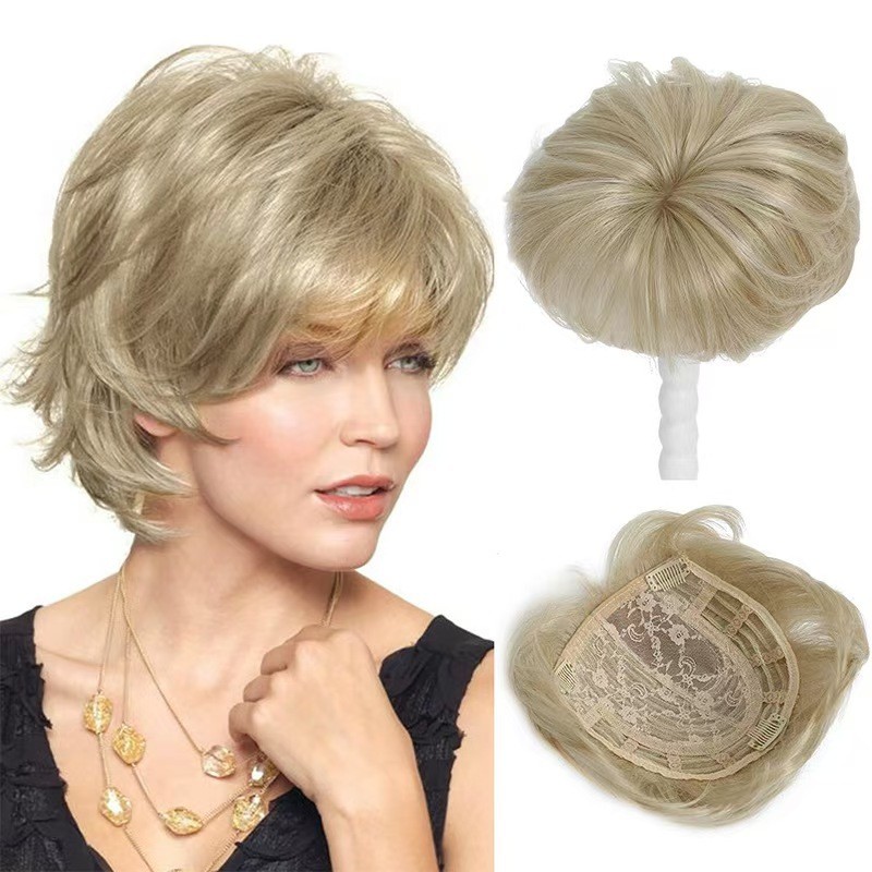 Women Synthetic Hair Topper Short Curly Wiglet Clip In Crown Gray Black New