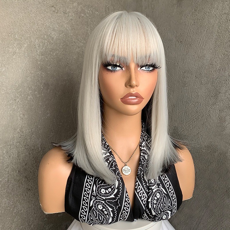 Silver Gray Bob Wig with Bangs for Women Girls Party Cosplay Gray Mix Black Wig
