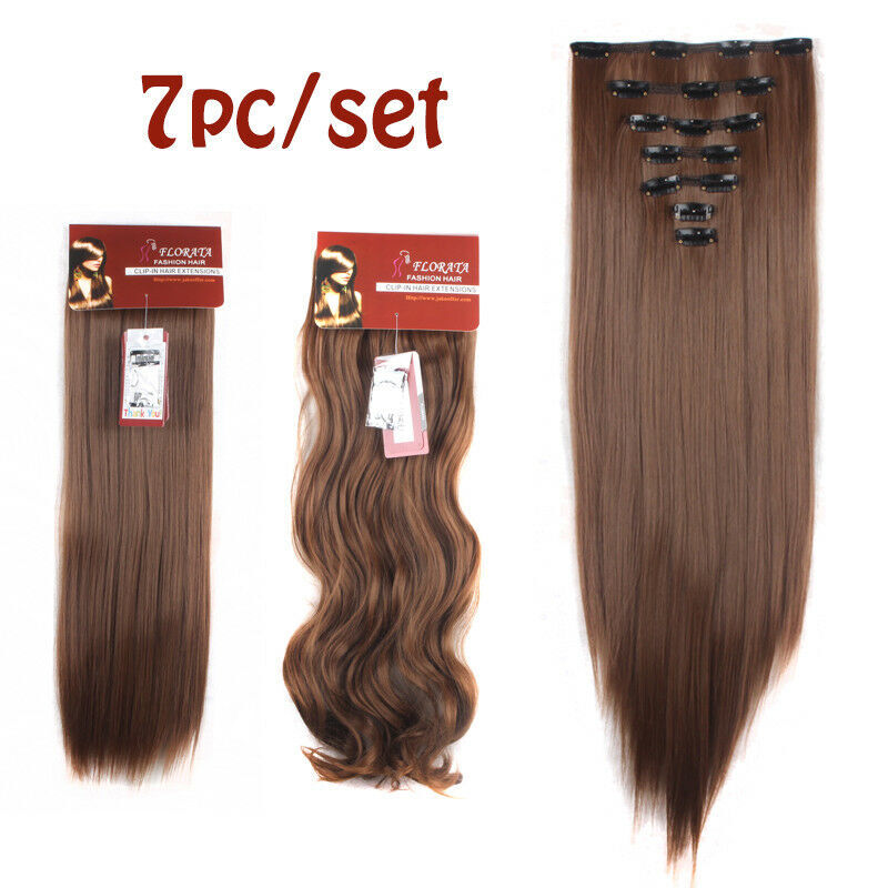 USA 7pcs Thick Synthetic Clip In Wavy Curly Straight Hair Extensions Full Head