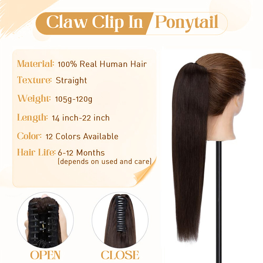 Ponytail Extensions Claw On/Clip In 100% Real Remy Human Straight Long Hair 22IN
