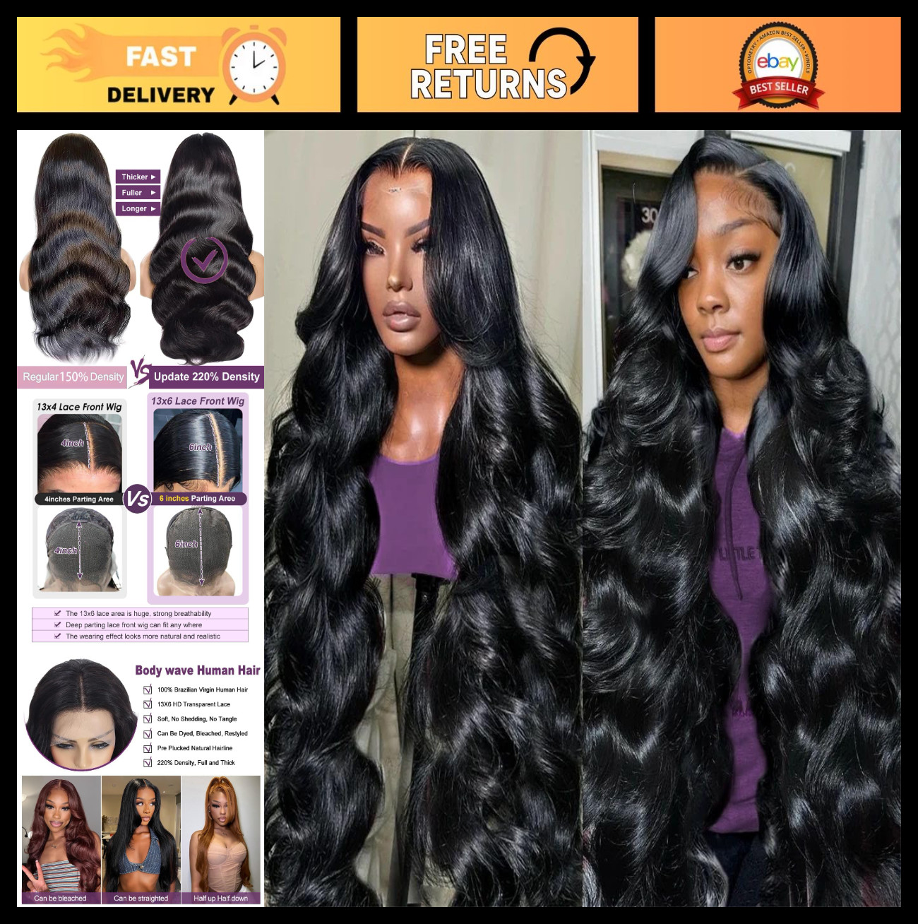 30″ 13×6 Lace Front Wig, 220 Density Body Wave, HD Lace, Pre-Plucked, Glueless,