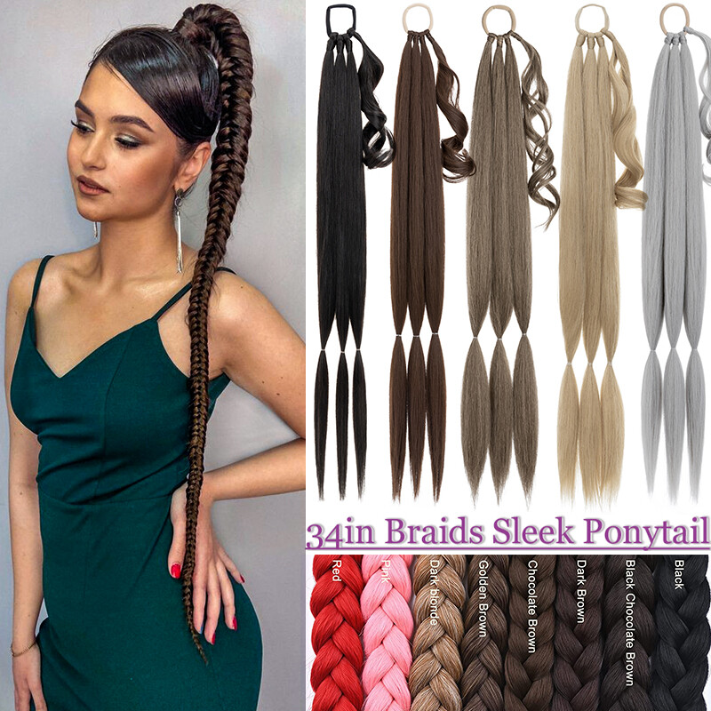 34″ Long Braided Ponytail Extension with Hair Tie Straight Wrap around Pony Tail