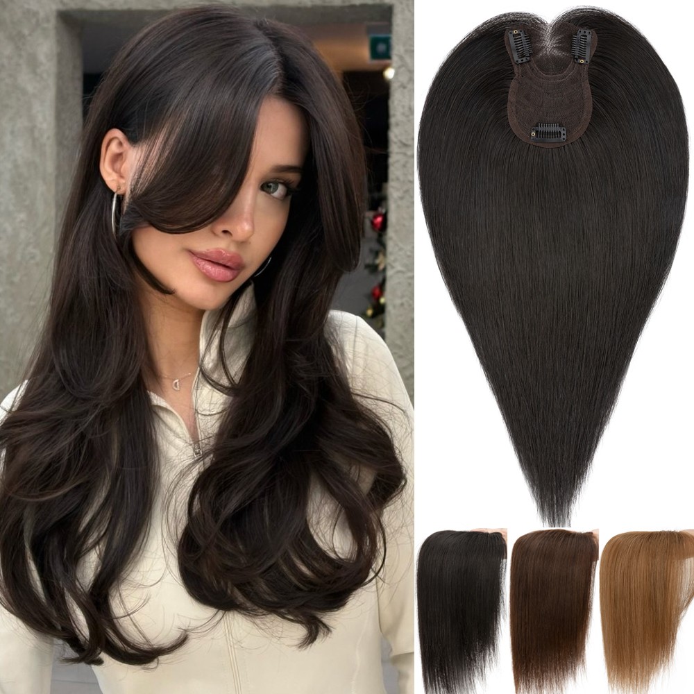 Clip in Human Hair Toppers with Curtain Bangs Lace Base Hair Piece for Women US