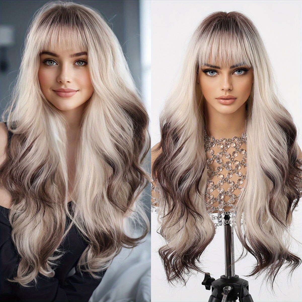 28 Inch Gradient Brown Wig with Bangs Women’s Blonde Mixed Brown Wig