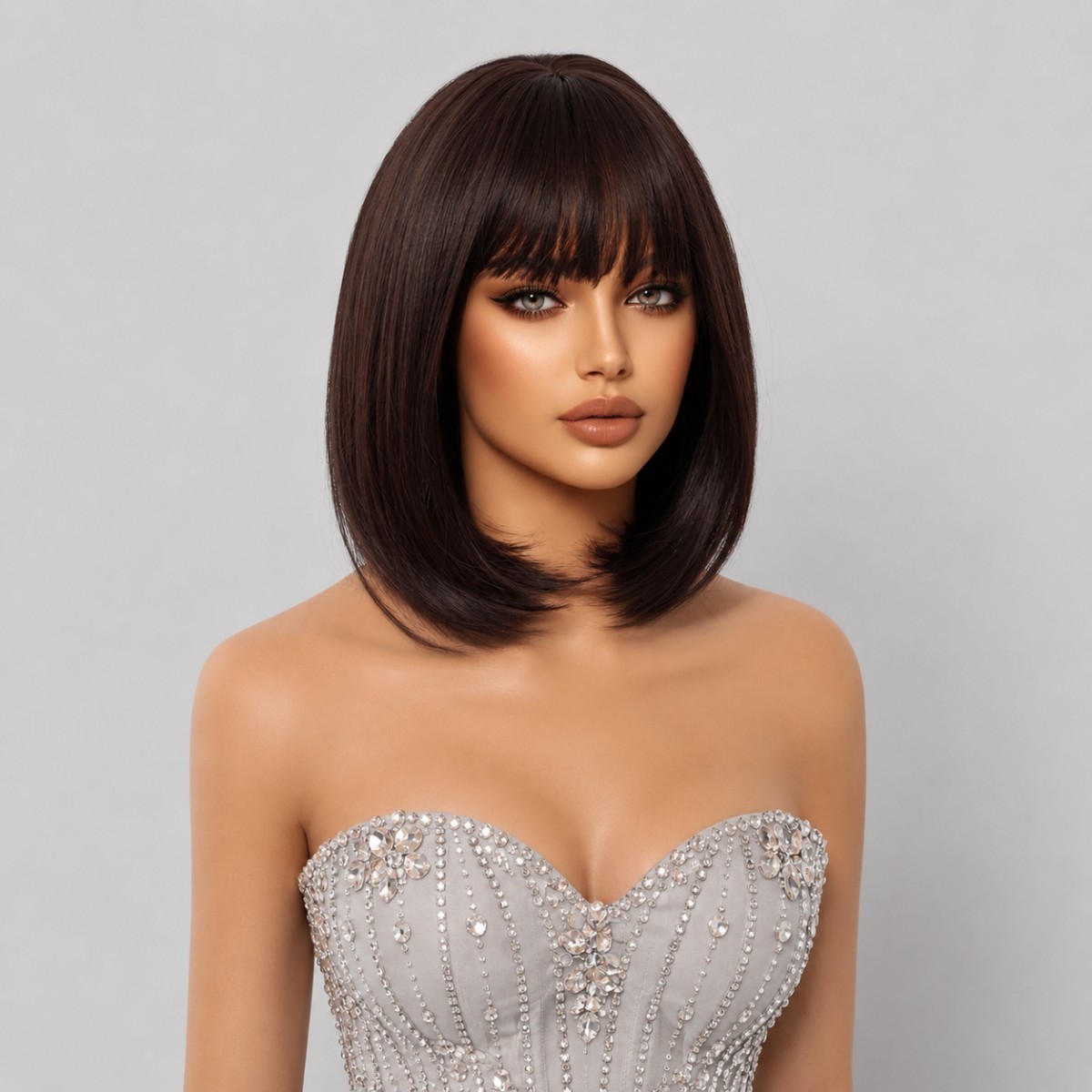 Choc Brown Synthetic Hair Heat Resistant Bob Straight Cosplay Wig With Fringe