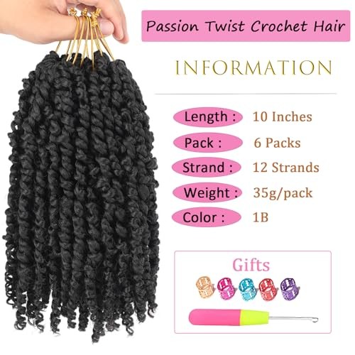 Passion Twist Crochet Hair 10 Inch 6 Packs Pre-Twisted, 10 Inch (Pack of 6) 1B